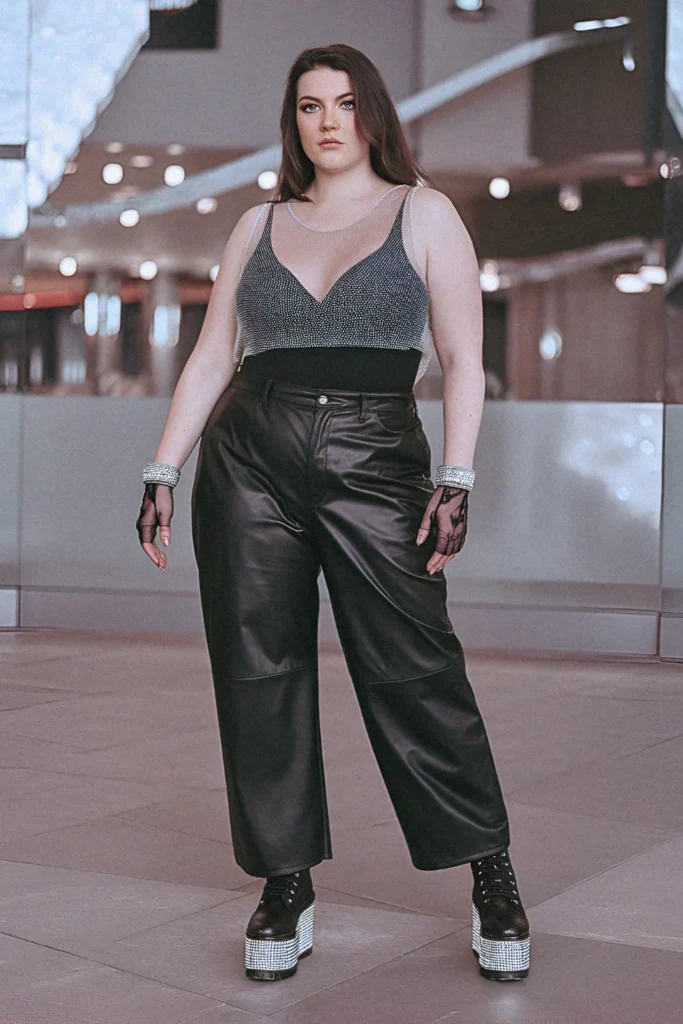 Plus Size Summer Rhinestone Mesh Tank and Leather Pants Vegas Outfit