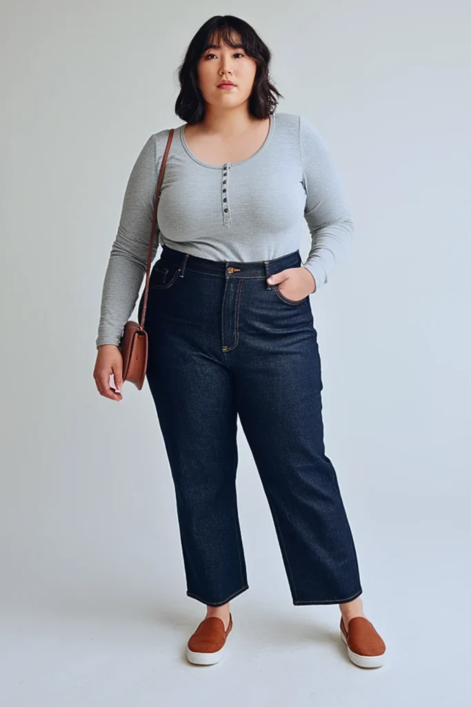 Plus Size Japanese Henley Top Relaxed Autumn Outfit