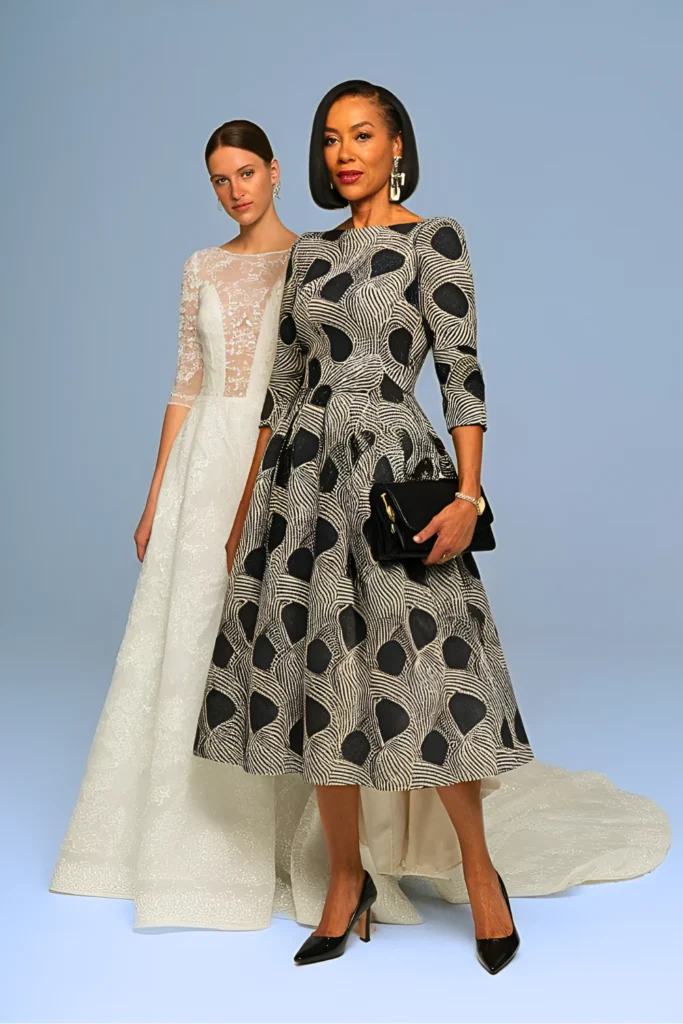 Plus Size Modern Monochrome Jacquard Fit and Flare Mother of the Bride Dress