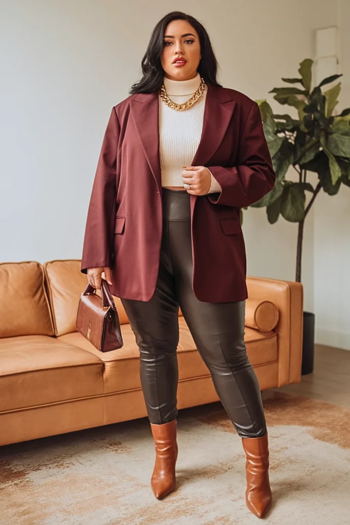 Plus Size Oversized Blazer Leather Leggings Fall Winter Outfit