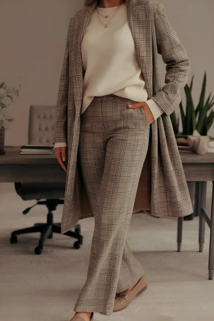 Winter Plaid Pants and Solid Sweater Work Outfit