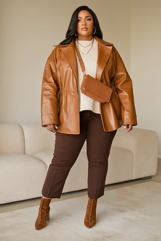 Plus Size Cognac Leather Jacket Autumn Outfit