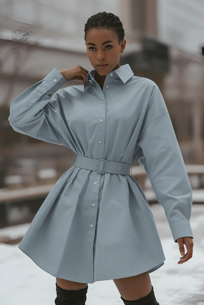 Black Girl Oversized Shirt Dress and Thigh-High Boots Winter Outfit