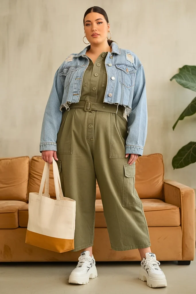 Plus Size Utility Jumpsuit Denim Jacket Fall Winter Outfit