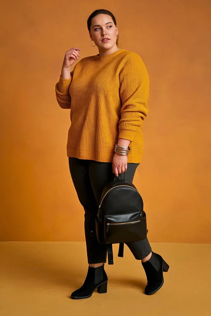 Plus Size Autumn Mustard Sweater Creative Work Outfit