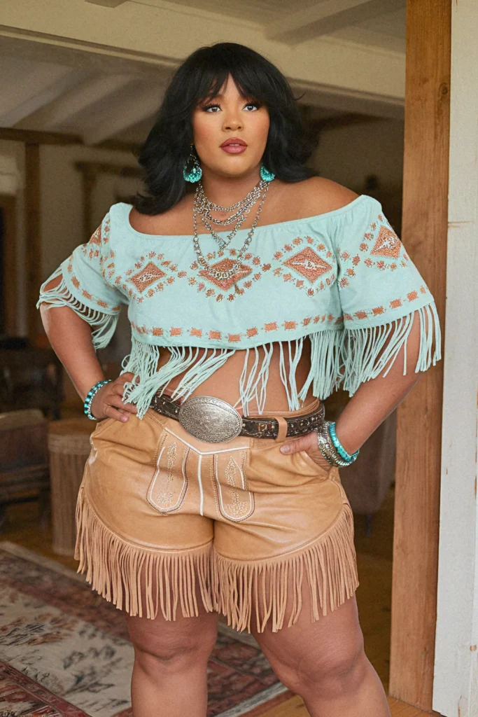 Plus Size Fringed Leather Shorts with Embroidered Off-Shoulder Top Cowgirl Outfit