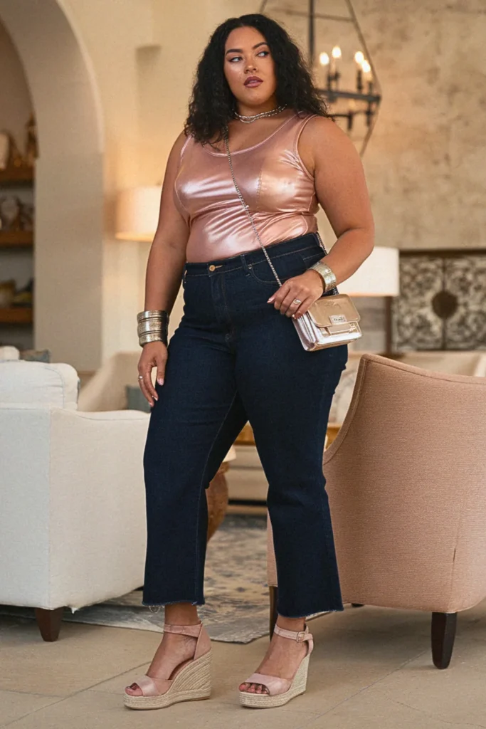 Plus Size Summer Metallic Tank with Dark Bootcut Jeans Outfit