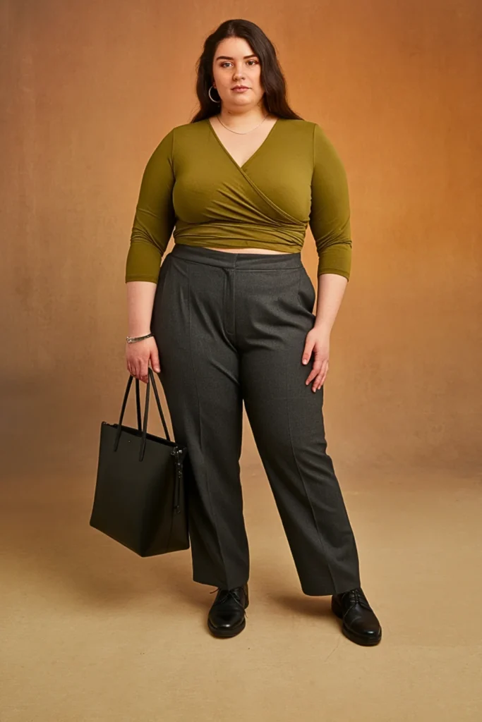 Plus Size Casual Wrap Top and Straight Leg Trousers Autumn Outfit