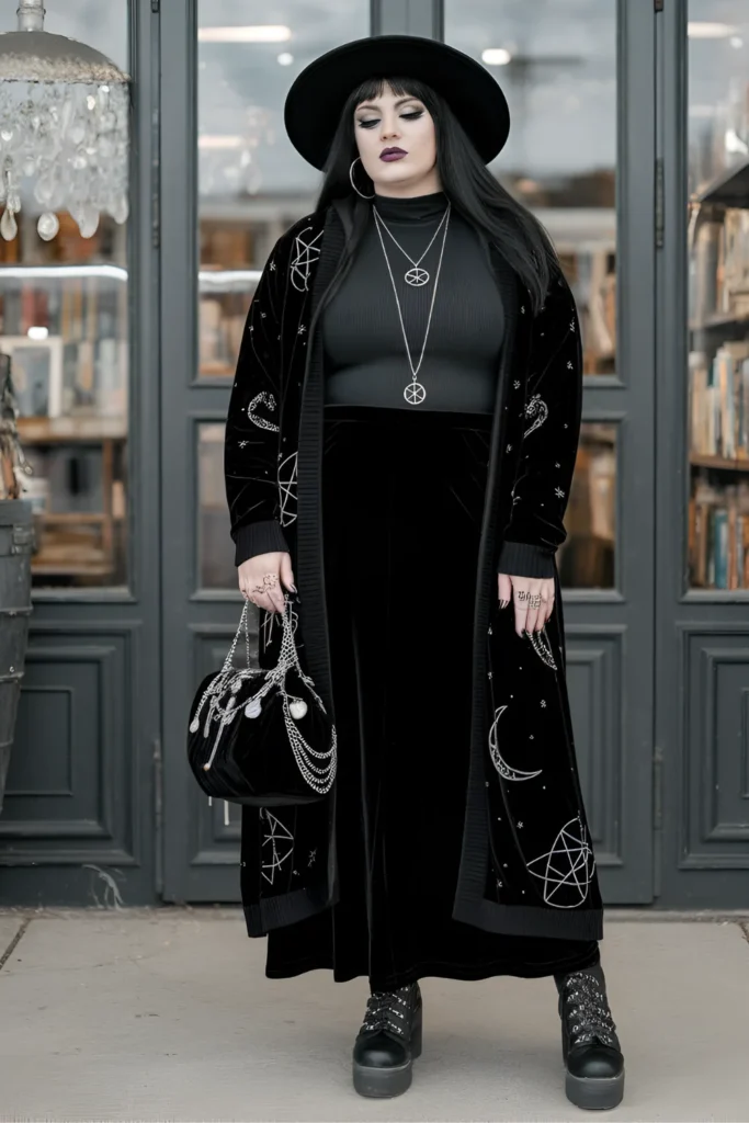 Winter Plus Size Goth Black Velvet Maxi Skirt Outfit