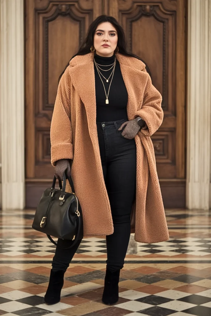 Plus Size Teddy Bear Coat With Skinny Jeans Winter Outfit