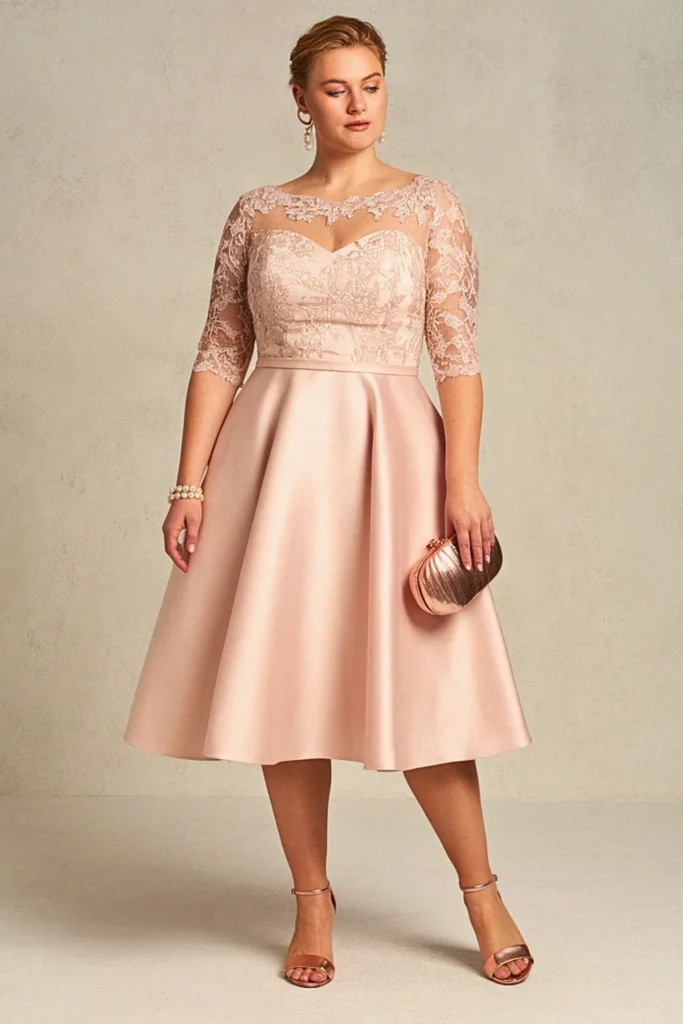 Blush Lace Overlay Plus Size Wedding Guest Cocktail Dress