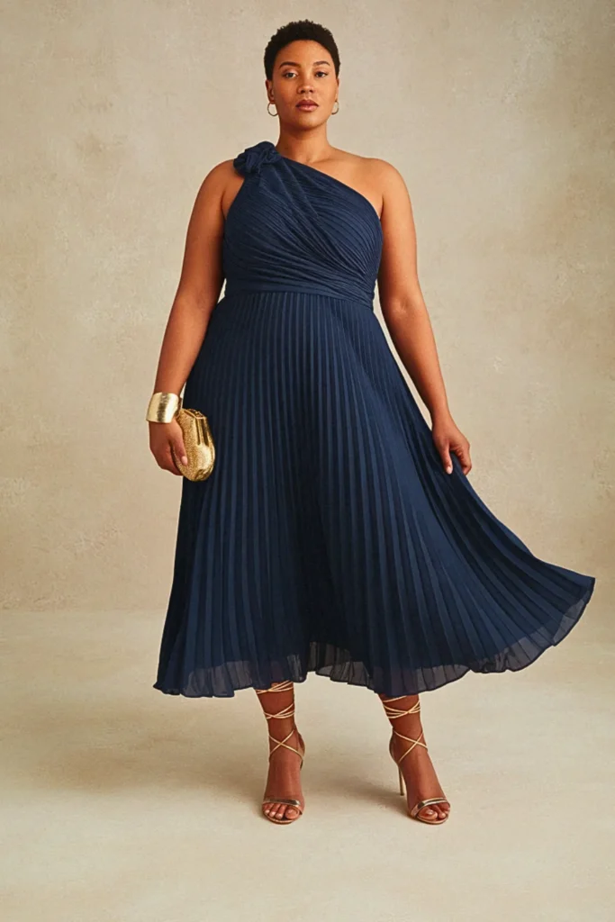Plus Size Navy Blue Pleated Goddess Wedding Guest Dress