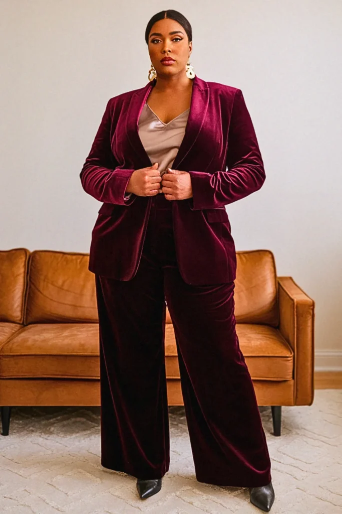 Plus Size Fall Velvet Blazer Power Suit Autumn Outfit