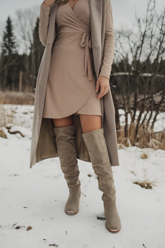 Winter wrap dress with knee-high Boots Outfit