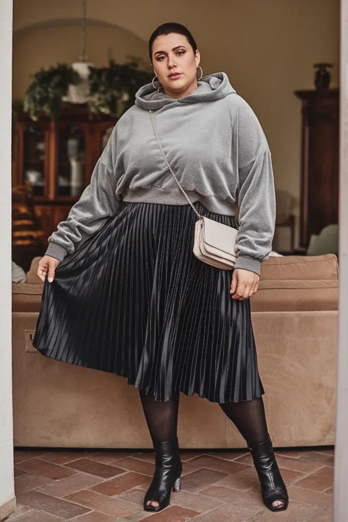 Plus Size Fleece-Lined Hoodie With Pleated Skirt Winter Outfit