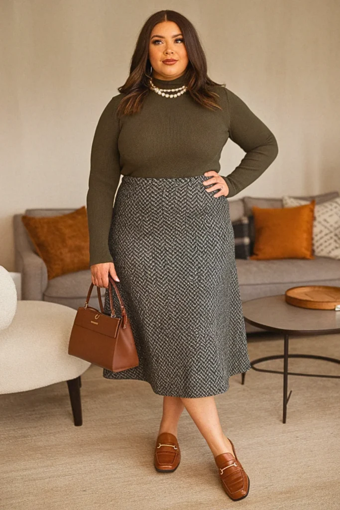 Plus Size Herringbone Midi Fall Skirt Outfit
