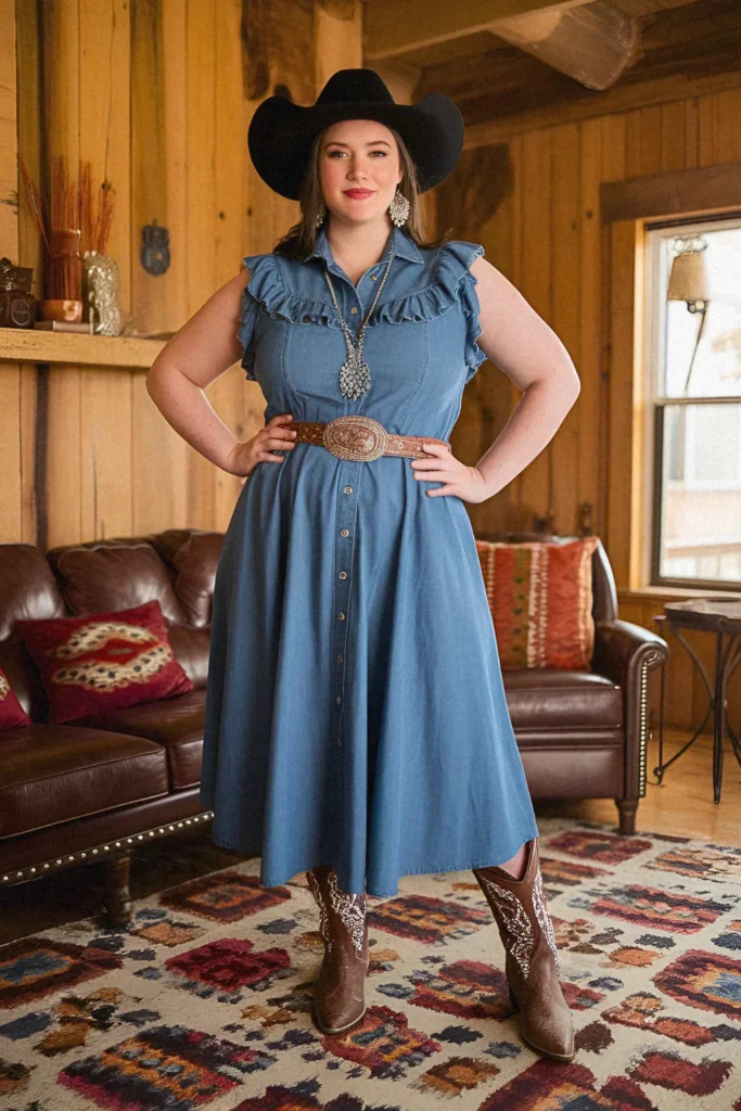Plus Size Ruffled Denim Dress with Tooled Leather Belt Cowgirl Outfit