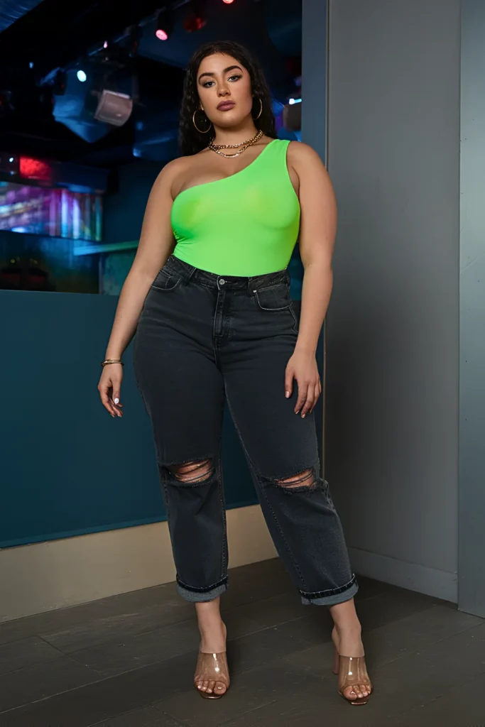 Plus Size Asymmetrical Neon Bodysuit and Dark Denim Summer Club Outfit