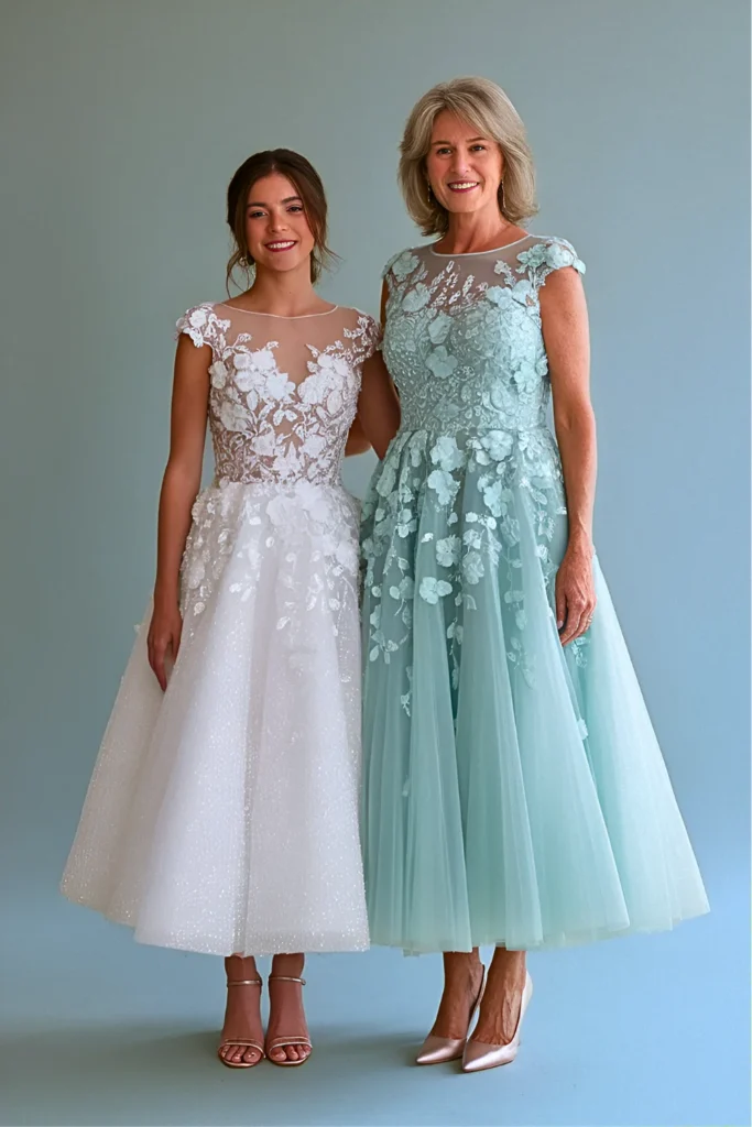 Whimsical Mint Tulle Tea Length Mother of the Bride Dress with Floral AppliqueÌs
