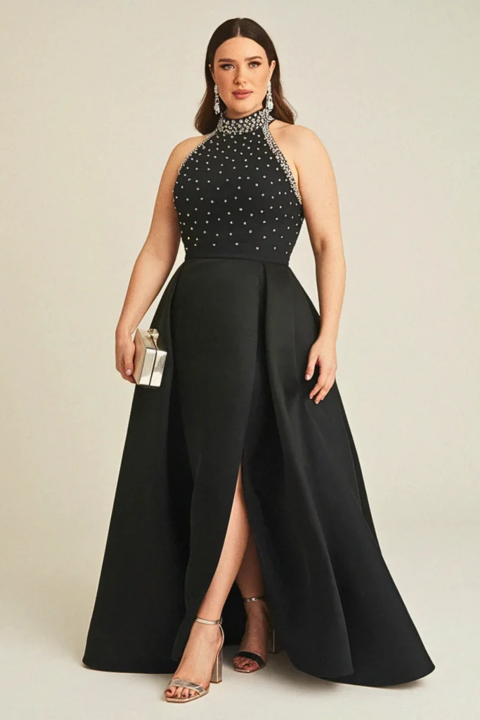 Empire Waist Crystal-Embellished Black Evening Wedding Guest Dress
