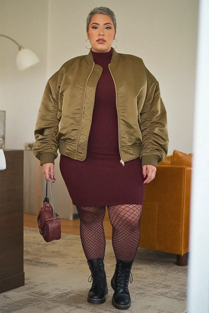 Plus Size Bomber Jacket and Dress Fall Outfit