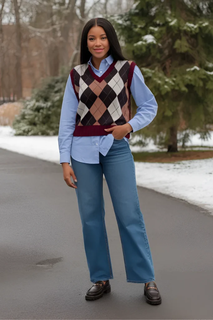 Black Girl Sweater Vest and Button-Up Winter Outfit