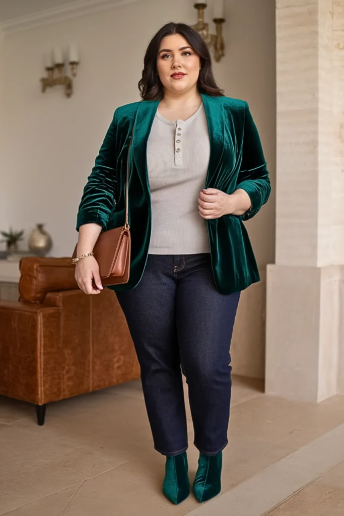 Plus Size Velvet Blazer Over Thermal Henley Winter Outfit