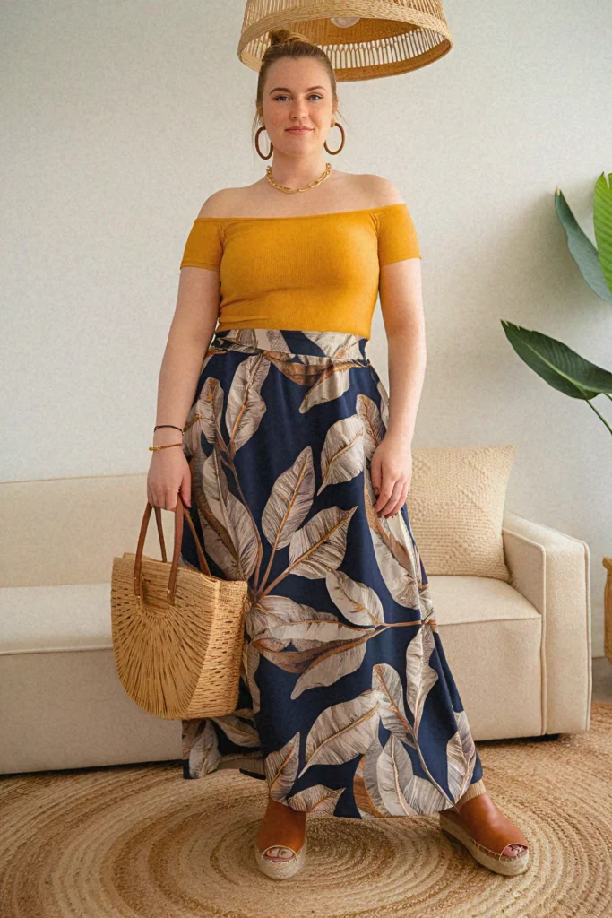 Plus Size Summer Botanical Print Long Skirt Outfit