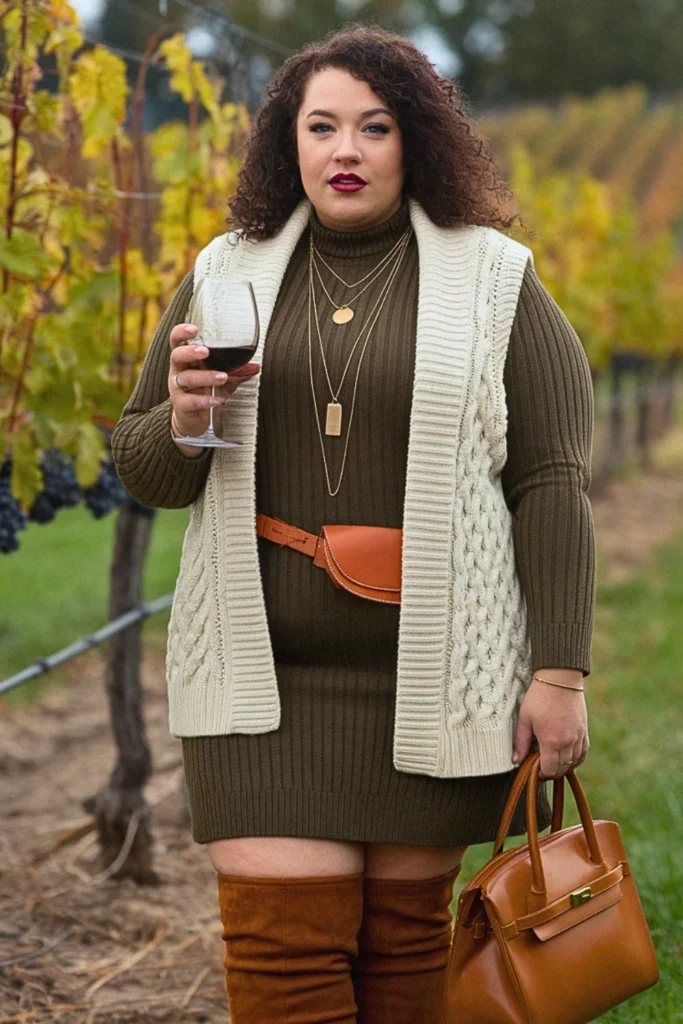 Plus Size Fall Olive Sweater Dress Chunky Knit Winery Outfit