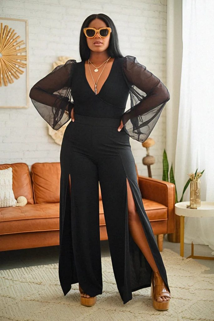Plus Size Poet Sleeve Bodysuit with Palazzo Pants Boho Outfit