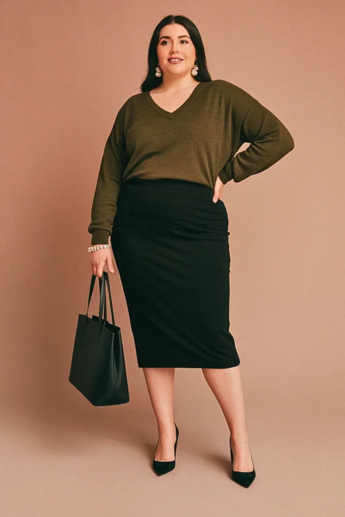 Plus Size V-Neck Sweater and Pencil Skirt Fall Outfit
