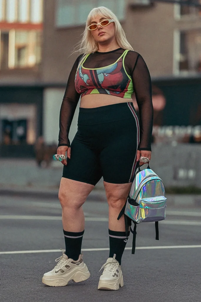 Plus Size Graphic Print Mesh Layered Streetwear Outfit