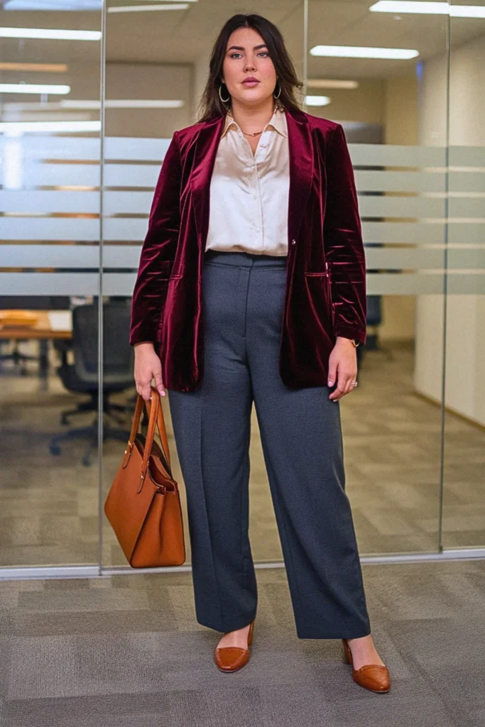Plus Size Fall Burgundy Velvet Blazer Office Outfit