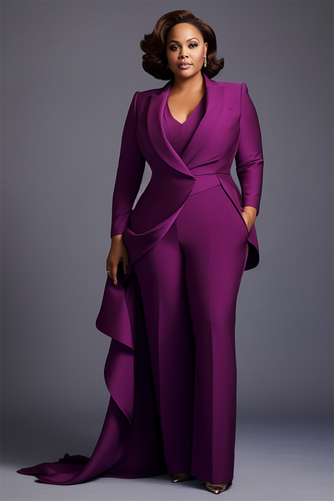 Plus Size Mother Of The Bride Elegant Purple Turndown Collar Long Sleeve Flounce Pockets Two Piece Pant Set