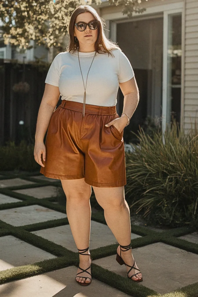 Plus Size Faux Leather Shorts Summer Outfit