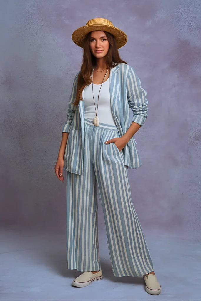 Casual Striped Linen Blazer and Wide-Leg Pants Easter Outfit
