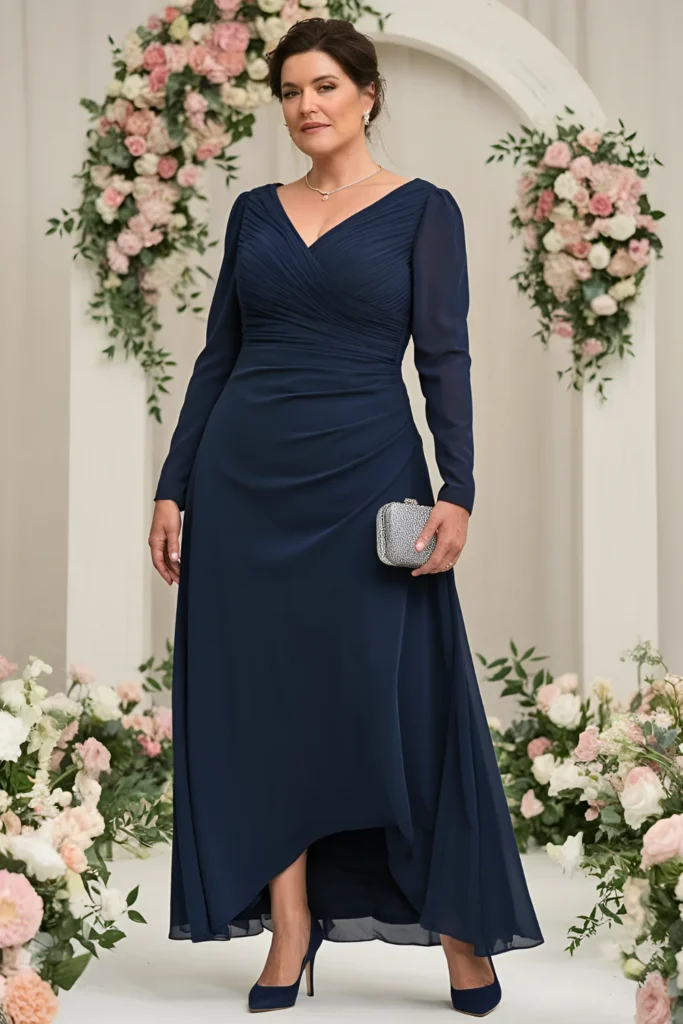 Plus Size Mother of the Groom Navy Blue Long-Sleeve Dress