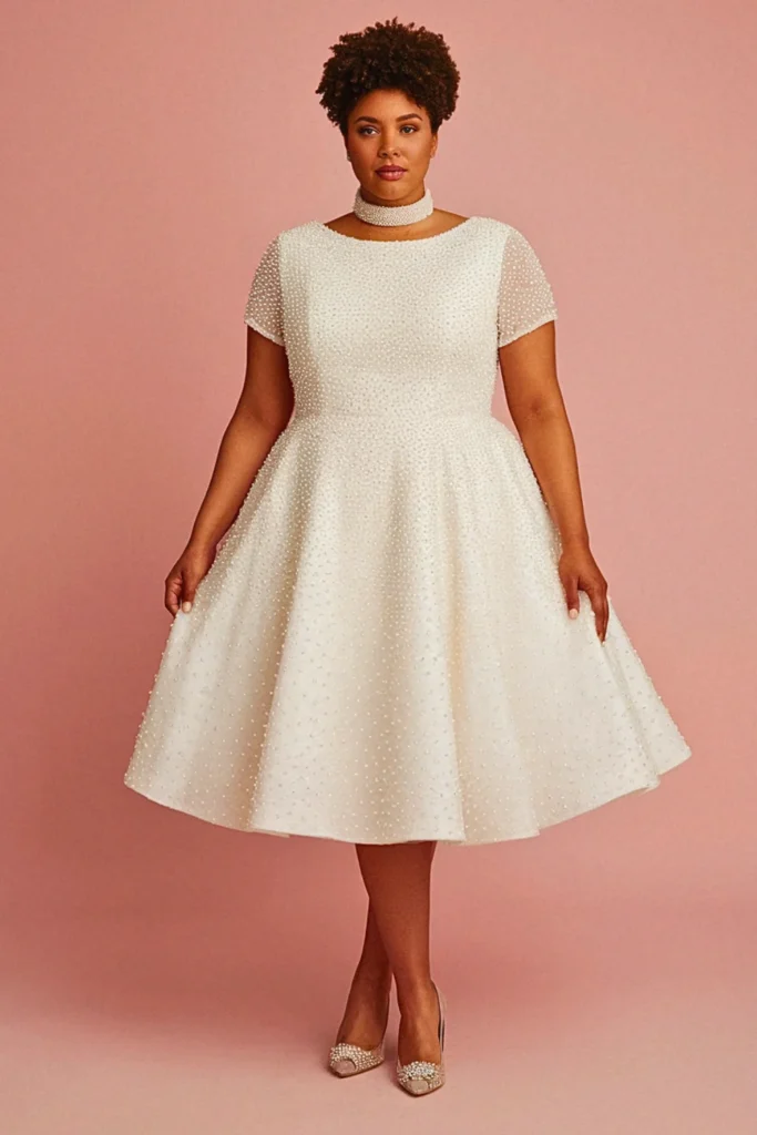 Plus Size Pearl-Embellished Shift Wedding Dress