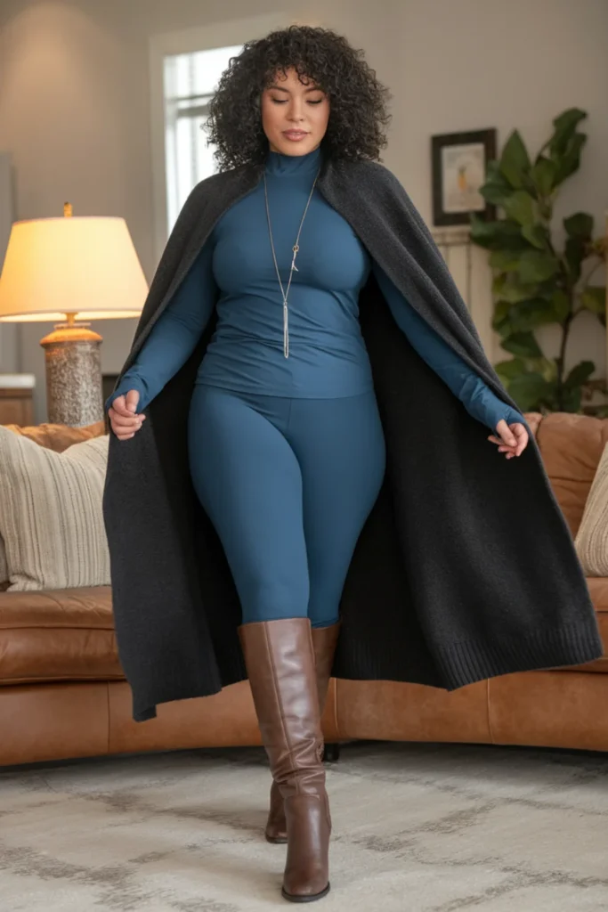 Winter Curvy Mom Sweater Cape and Leggings Outfit