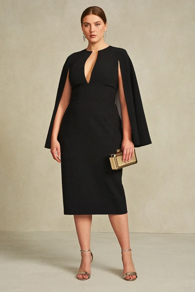 Plunge Neck Cape-Detail Black Elegant Wedding Guest Dress