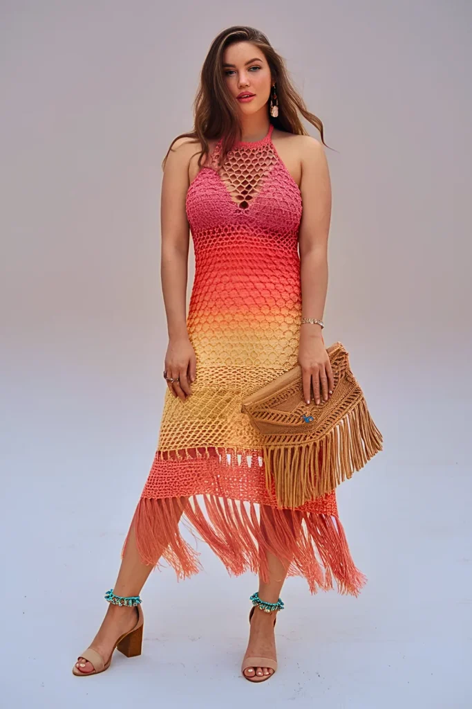 Spring Summer OmbreÌ Crochet Halter Dress Outfit