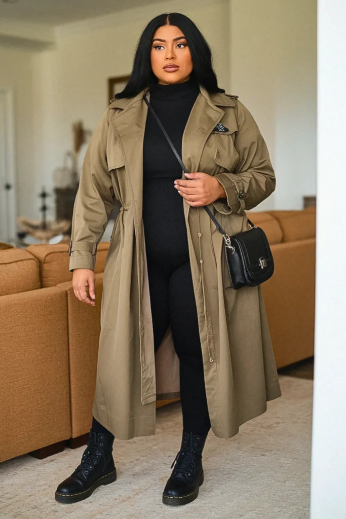 Plus Size Trench Dress and Combat Boot Fall Outfit