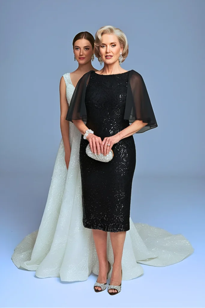 Plus Size Old Hollywood Glam Black Sequin Capelet Mother of the Bride Dress