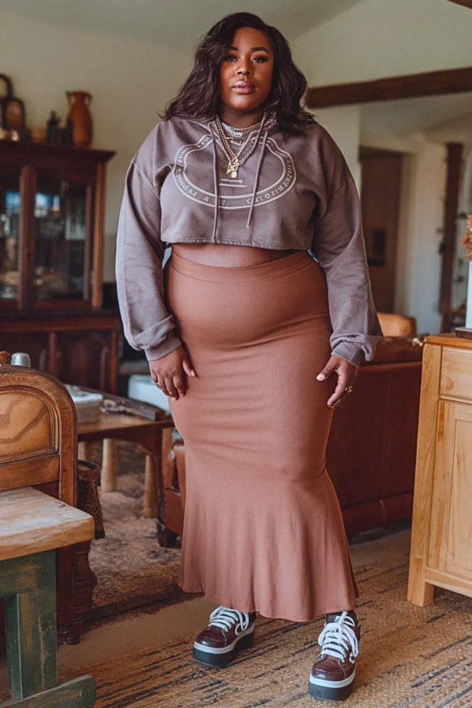 Plus Size Cropped Hoodie and Maxi Skirt Fall Outfit