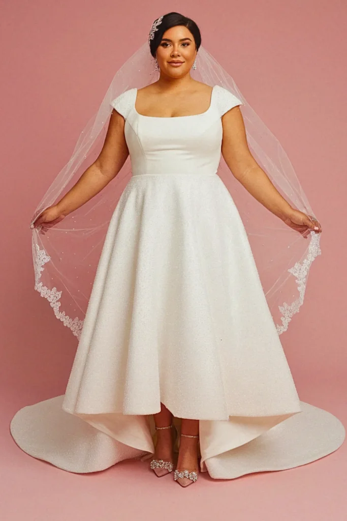 Square Neck A-Line with Embellished Cap Sleeves Wedding Dress