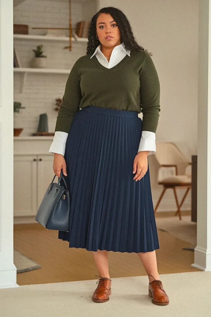 Plus Size Preppy Button-Down and Pleated Skirt Fall Outfit