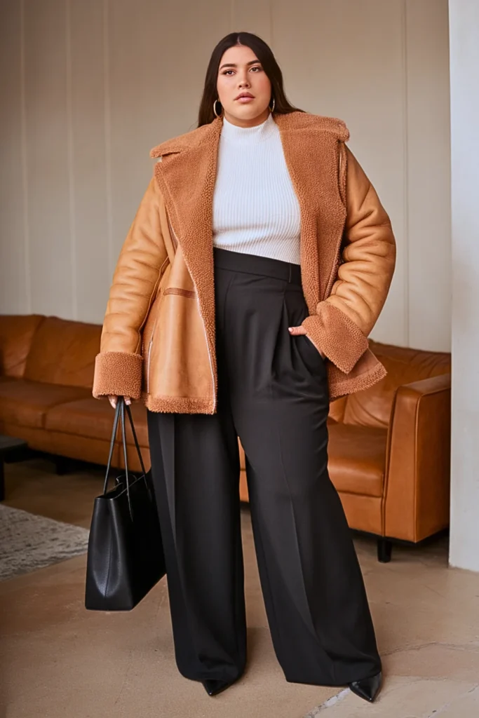 Plus Size Shearling Jacket With Wide Leg Trousers Winter Outfit