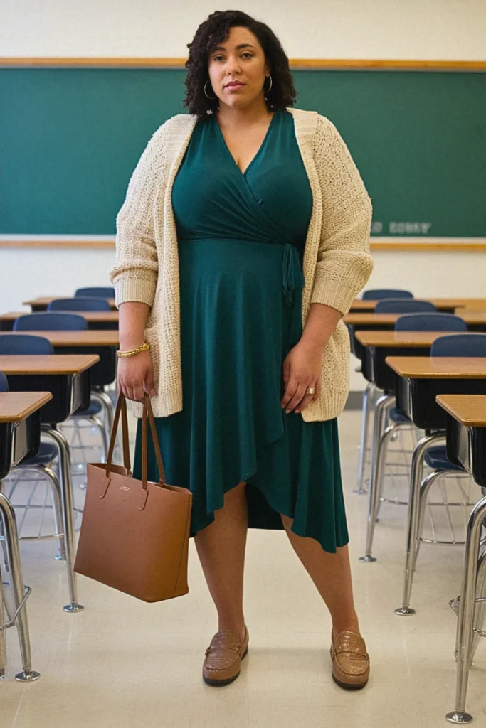 Plus Size Fall Wrap Dress with Cardigan Teacher Outfit