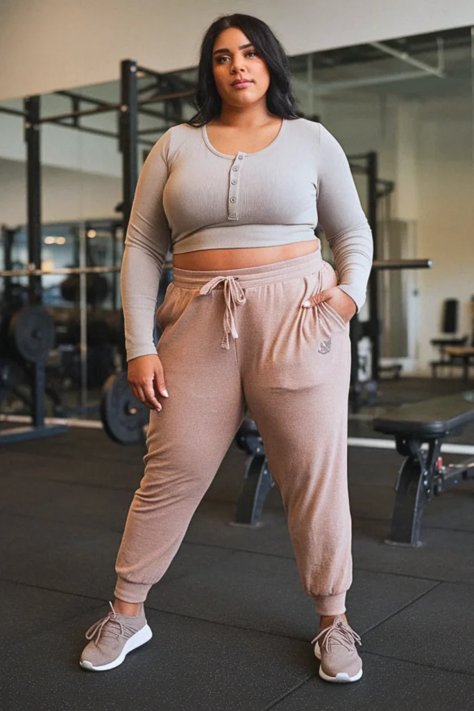 Plus Size Fall Henley Top and Drawstring Joggers Athleisure Outfit