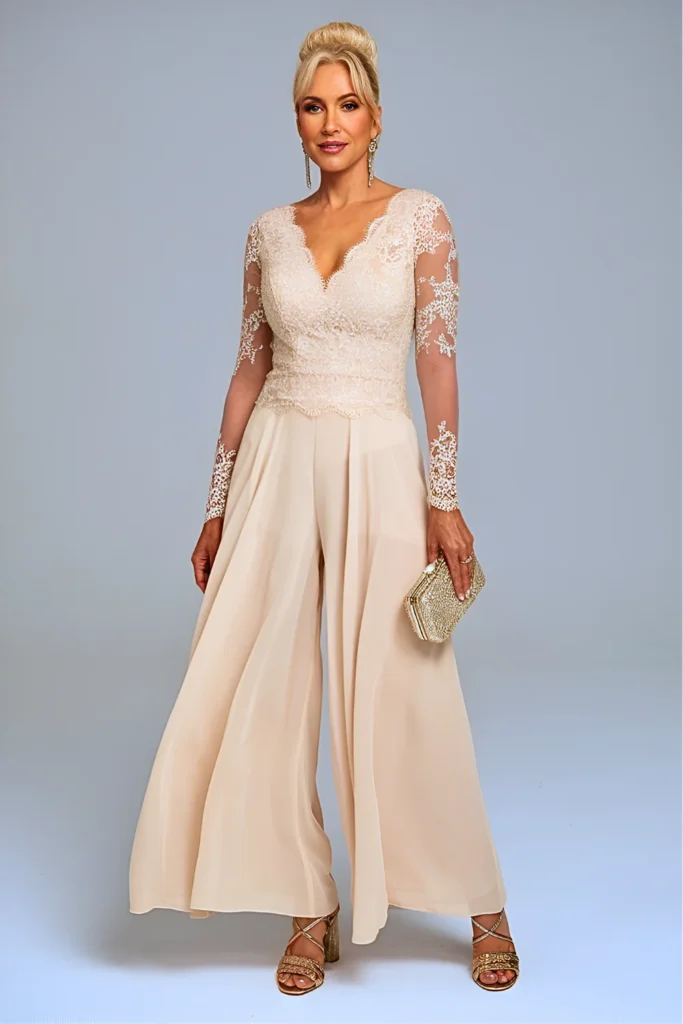 Plus Size Elegant Champagne Lace and Chiffon Pantsuit Mother of the Bride Outfit